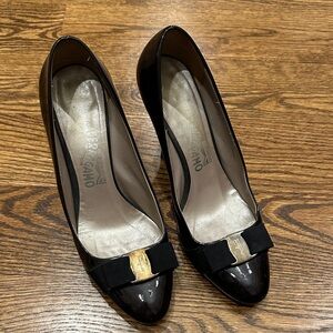 Salvatore Ferragamo Black Patent Wedges with Gold Accent